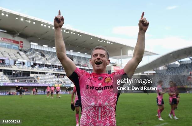 Gareth Steenson of Exeter Chiefs, who scored the winning penalty, celebrates their victory during the European Rugby Champions Cup match between...