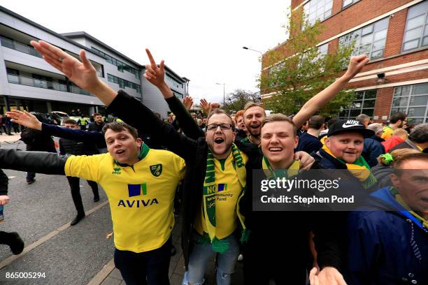 Norwich City fans walk to the stadium ahead of the Sky Bet Championship match between Ipswich Town and Norwich City at Portman Road on October 22,...