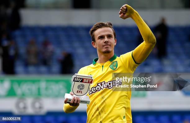 James Maddison of Norwich City celebrates victory after the Sky Bet Championship match between Ipswich Town and Norwich City at Portman Road on...