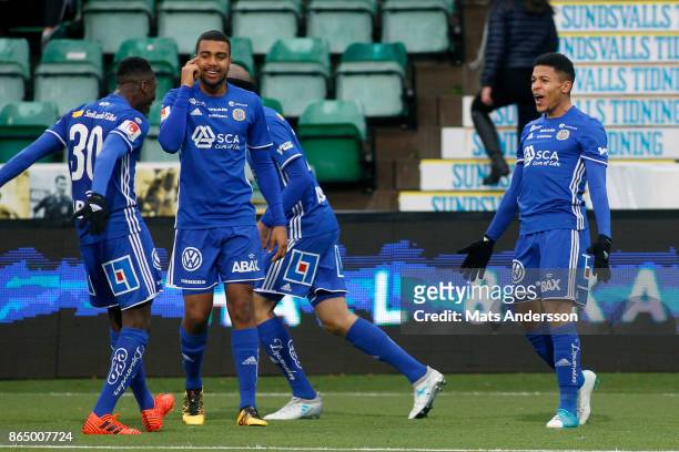 Romain Gall of GIF Sundsvall celebrates after scoring during the Allsvenskan match between GIF Sundsvall and IFK Norrkoping at Idrottsparken on...