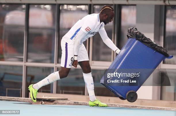 Mbaye Diagne of Tianjin Elion FC celebrates during the Chinese Super League match between Tianjin Elion FC and Beijing Guoan FC at Tianjin Olympic...