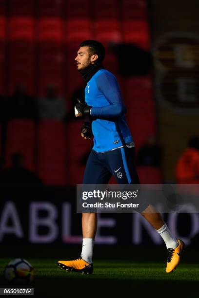 Paulo Gazzaniga of Tottenham Hotspur warms up prior to the Premier League match between Tottenham Hotspur and Liverpool at Wembley Stadium on October...