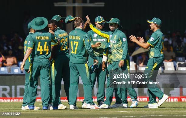 South Africa's celebrate a wicket during the ODI One-Day International match Bangladesh vs South Africa at the Buffalo Park Cricket Grounds in East...