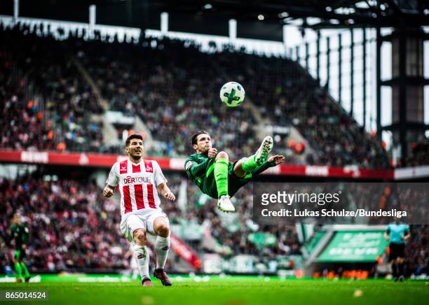 Zlatko Junuzovic of Bremen in action with a bicycle kick during the Bundesliga match between 1. FC Koeln and SV Werder Bremen at RheinEnergieStadion...