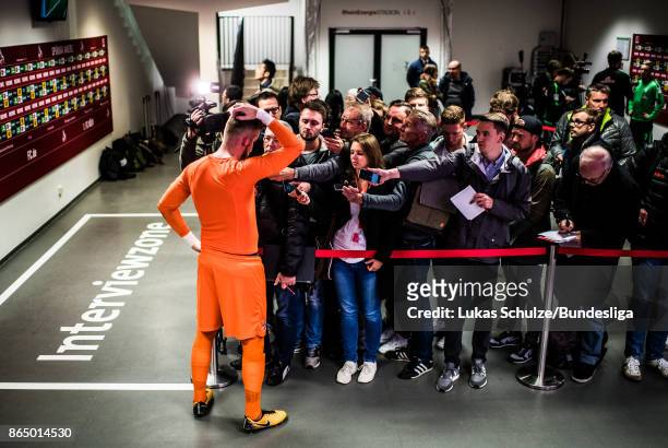 Goalkeeper Timo Horn of Koeln gives interviews in the mixed zone after the Bundesliga match between 1. FC Koeln and SV Werder Bremen at...