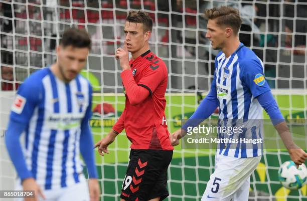 Janik Haberer of Freiburg celebrates after scoring his team's first goal during the Bundesliga match between Sport-Club Freiburg and Hertha BSC at...
