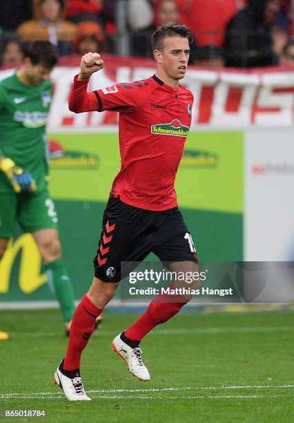 Janik Haberer of Freiburg celebrates after scoring his team's first goal during the Bundesliga match between Sport-Club Freiburg and Hertha BSC at...