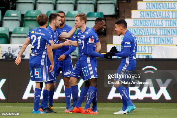 Romain Gall of GIF Sundsvall celebrates after scoring during the Allsvenskan match between GIF Sundsvall and IFK Norrkoping at Idrottsparken on...