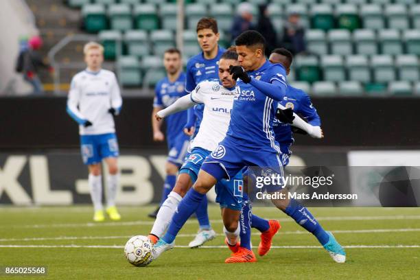 Romain Gall of GIF Sundsvall and Alexander Jakobsen of IFK Norrkoping during the Allsvenskan match between GIF Sundsvall and IFK Norrkoping at...