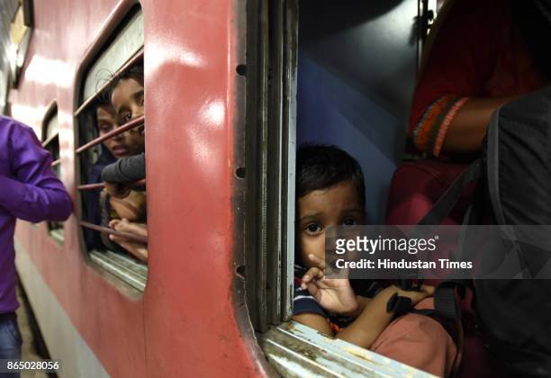 Heavy rush inside the 12394 Sampoorn Kranti Express train which runs from New Delhi to Patna, for the Chhath Puja, at Railway Station, on October 22,...
