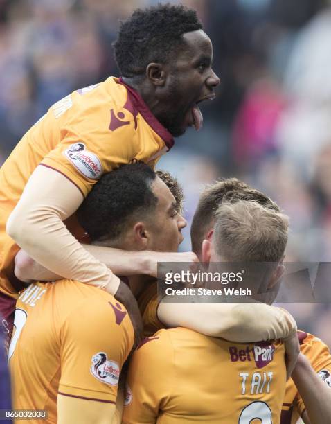 Louis Moult of Motherwell celebrates his 2nd goal to put Motherwell 2 up against Rangers during the Betfred Cup Semi Final at Hampden Park on October...