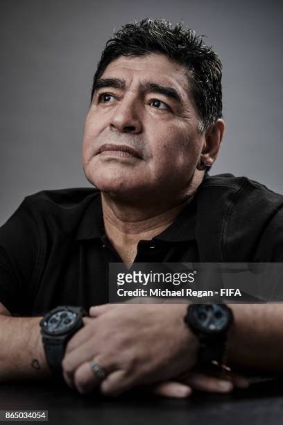 Legened, Diego Maradona poses prior to The Best FIFA Football Awards at The May Fair Hotel on October 22, 2017 in London, England.