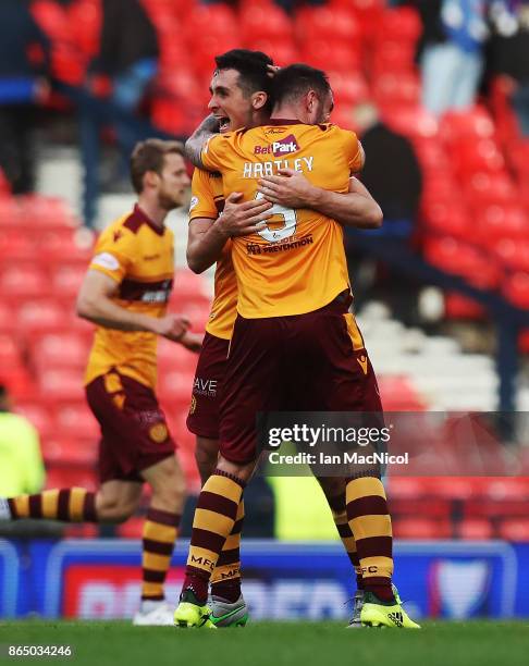 Peter Hartley and Carl McHugh of Motherwell reacts at full time during the Betfred League Cup Semi Final between Rangers and Motherwell at Hampden...