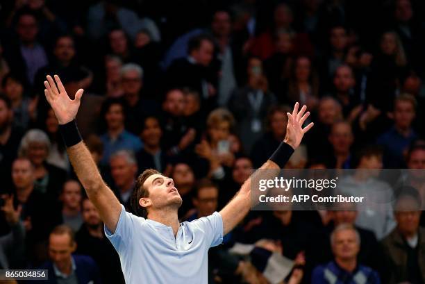 Argentina's Juan Martin Del Potro celebrates after winning against Bulgaria's Grigor Dimitrov their final match at the ATP Stockholm Open tennis...