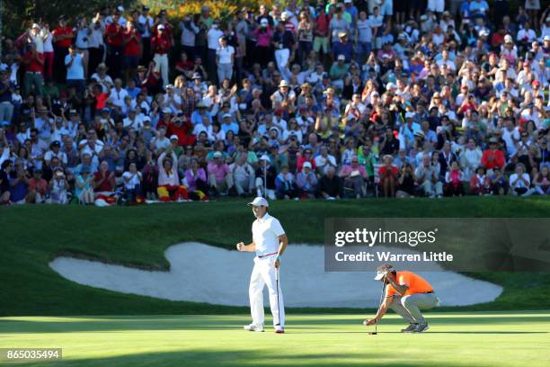 Sergio Garcia of Spain celebrates a birdie on the 17th green during the final round of of the Andalucia Valderrama Masters at Real Club Valderrama on...