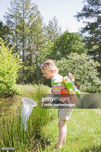 girl with butterfly net in park - butterfly net stock-fotos und bilder