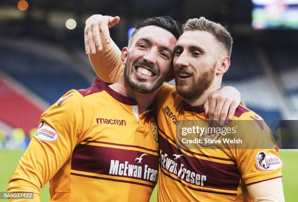 Louis Moult of Motherwell celebrates the end with team mate Ryan Bowman after the Betfred Cup Semi Final at Hampden Park on October 22, 2017 in...