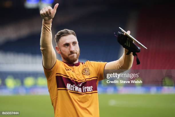 Louis Moult of Motherwell celebrates the end after the Betfred Cup Semi Final at Hampden Park on October 22, 2017 in Glasgow, Scotland.