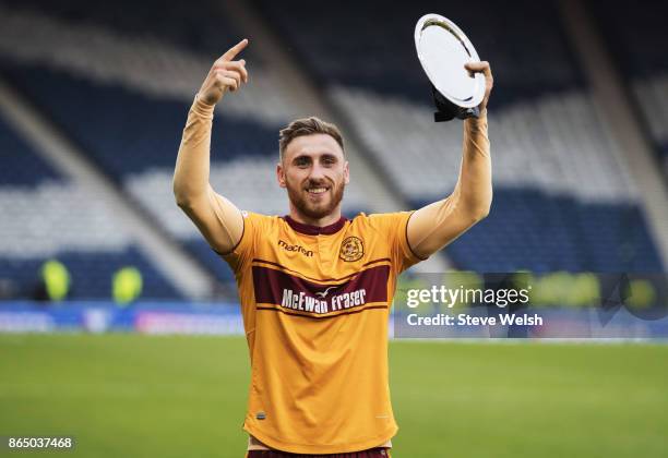 Louis Moult of Motherwell celebrates the end after the Betfred Cup Semi Final at Hampden Park on October 22, 2017 in Glasgow, Scotland.