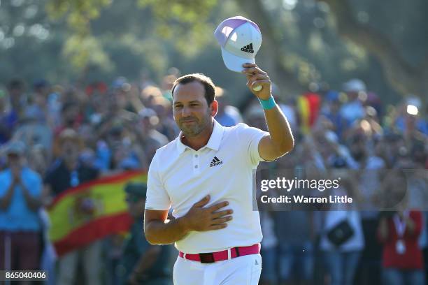 Sergio Garcia of Spain celebrates victory on the 18th green during the final round of of the Andalucia Valderrama Masters at Real Club Valderrama on...