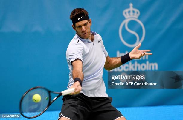 Argentina's Juan Martin Del Potro returns the ball to Bulgaria's Grigor Dimitrov during their final match at the ATP Stockholm Open tennis tournament...