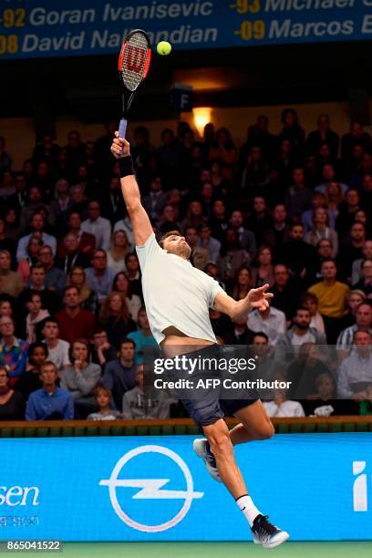 Bulgaria's Grigor Dimitrov jumps to return the ball to Argentina's Juan Martin Del Potro during their final match at the ATP Stockholm Open tennis...