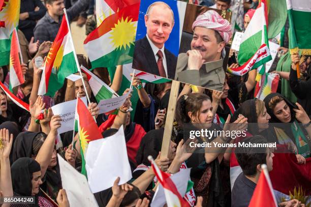 Hundreds of people protest outisde the Russian consulate on October 22, 2017 in Erbil, Iraq. Kurds claim they are under attack by Shiite Hashd...