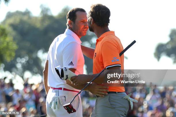 Sergio Garcia of Spain is congratulated on his victory on the 18th green by Joost Luiten of the Netherlands during the final round of of the...