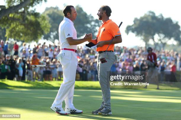 Sergio Garcia of Spain is congratulated on his victory on the 18th green by Joost Luiten of the Netherlands during the final round of of the...