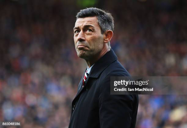 Rangers manager Pedro Caixinha is seen during the Betfred League Cup Semi Final between Rangers and Motherwell at Hampden Park on October 22, 2017 in...