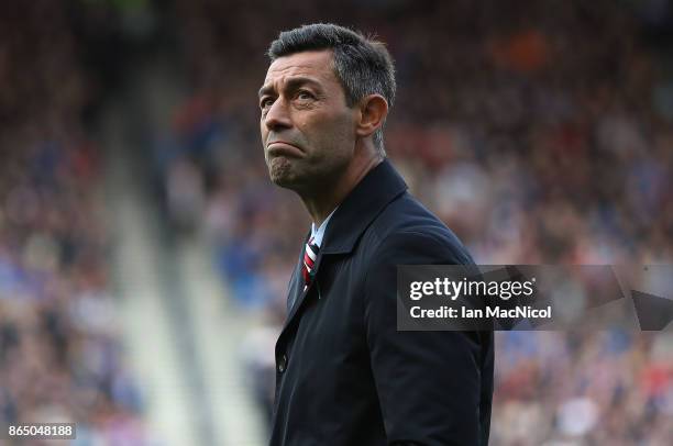 Rangers manager Pedro Caixinha is seen during the Betfred League Cup Semi Final between Rangers and Motherwell at Hampden Park on October 22, 2017 in...