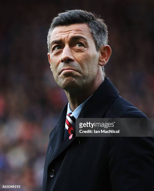 Rangers manager Pedro Caixinha is seen during the Betfred League Cup Semi Final between Rangers and Motherwell at Hampden Park on October 22, 2017 in...