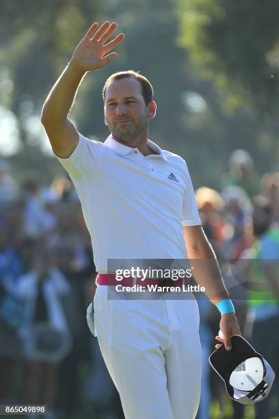 Sergio Garcia of Spain celebrates victory on the 18th green during the final round of of the Andalucia Valderrama Masters at Real Club Valderrama on...