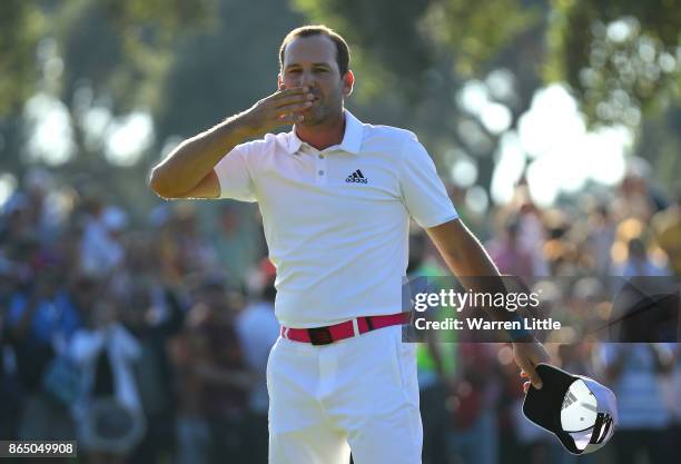 Sergio Garcia of Spain celebrates victory on the 18th green during the final round of of the Andalucia Valderrama Masters at Real Club Valderrama on...