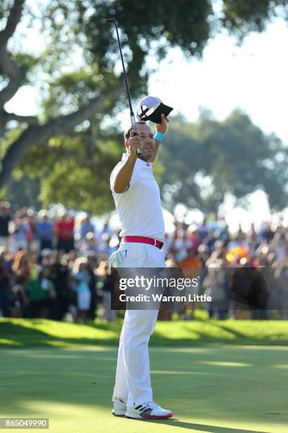 Sergio Garcia of Spain celebrates victory on the 18th green during the final round of of the Andalucia Valderrama Masters at Real Club Valderrama on...