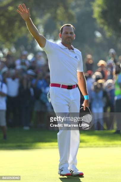 Sergio Garcia of Spain celebrates victory on the 18th green during the final round of of the Andalucia Valderrama Masters at Real Club Valderrama on...