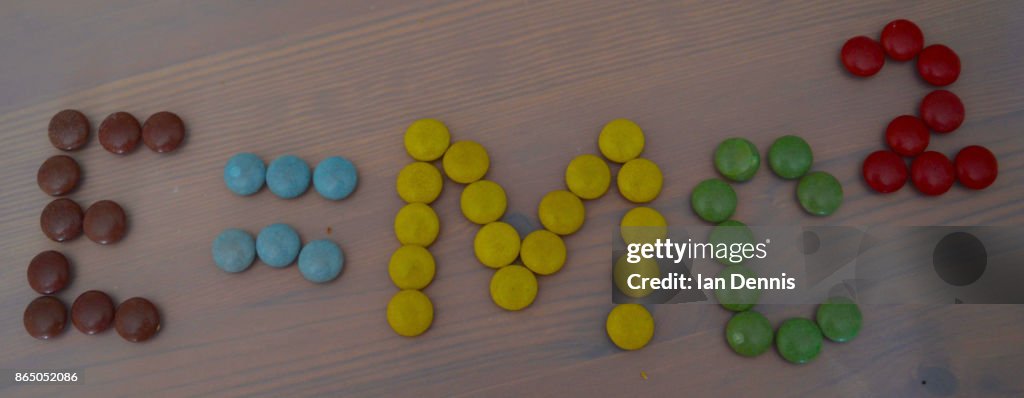 E=MC2 written in Sugar coated coloured chocolates