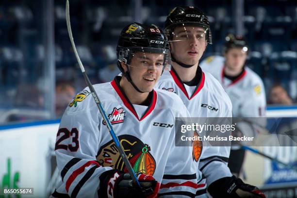 Ilijah Colina of the Portland Winterhawks warms up against the Kelowna Rockets at Prospera Place on October 20, 2017 in Kelowna, Canada.