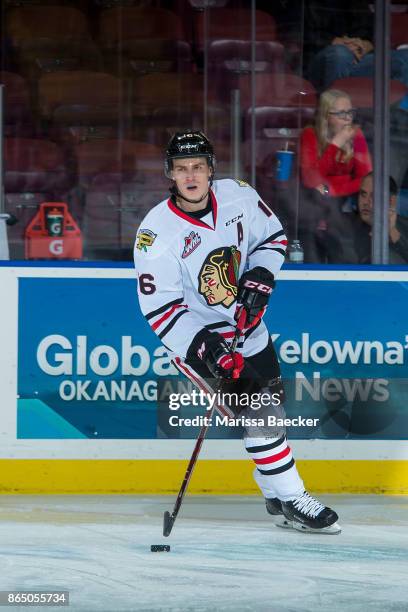 Henri Jokiharju of the Portland Winterhawks warms up with the puck against the Kelowna Rockets at Prospera Place on October 20, 2017 in Kelowna,...