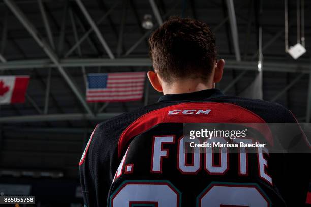 Nolan Foote of the Kelowna Rockets stands on the bench for the national anthem against the Portland Winterhawks on October 20, 2017 at Prospera Place...