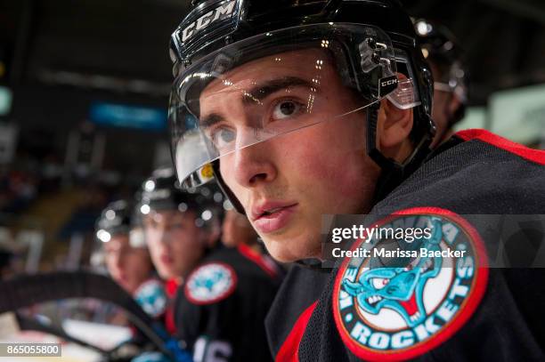 Liam Kindree of the Kelowna Rockets sits on the bench against the Portland Winterhawks at Prospera Place on October 20, 2017 in Kelowna, Canada.