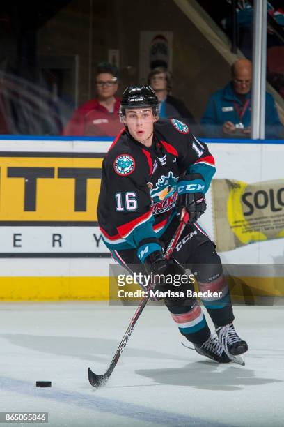 Kole Lind of the Kelowna Rockets skates with the puck against the Portland Winterhawks at Prospera Place on October 20, 2017 in Kelowna, Canada.