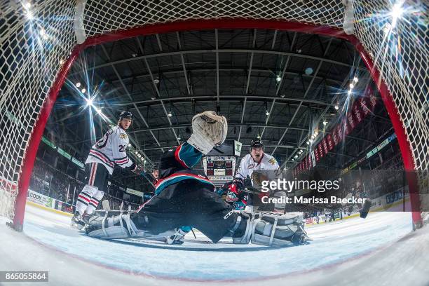 Kieffer Bellows opens the score board during the second period with a goal assisted by Joachim Blichfeld of the Portland Winterhawks on the net of...