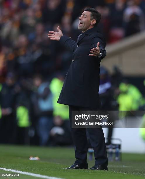 Rangers manager Pedro Caixinha reacts during the Betfred League Cup Semi Final between Rangers and Motherwell at Hampden Park on October 22, 2017 in...