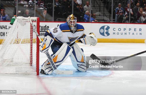 Goaltender Carter Hutton of the St. Louis Blues stands ready against the Colorado Avalanche at the Pepsi Center on October 19, 2017 in Denver,...