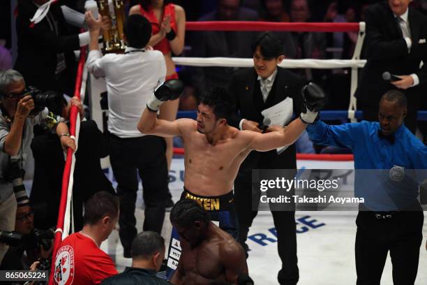 Ryota Murata of Japan celebrates his victory against Hassan N'Dam N'Jikam of France during their WBA Middleweight Title Bout on October 22, 2017 in...