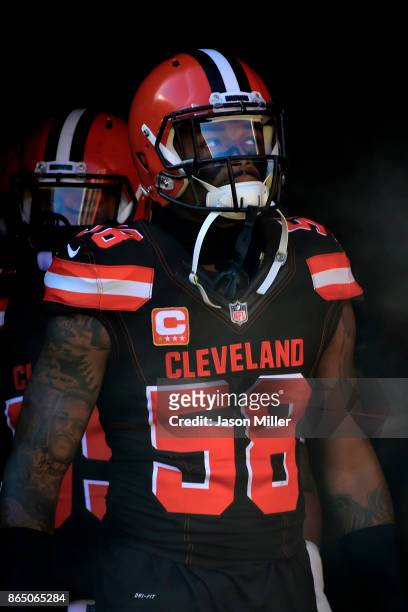 Christian Kirksey of the Cleveland Browns prepares to enter the stadium before the game against the Tennessee Titans at FirstEnergy Stadium on...