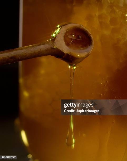 honey dripping over wooden spoon - syrup drizzle stock pictures, royalty-free photos & images