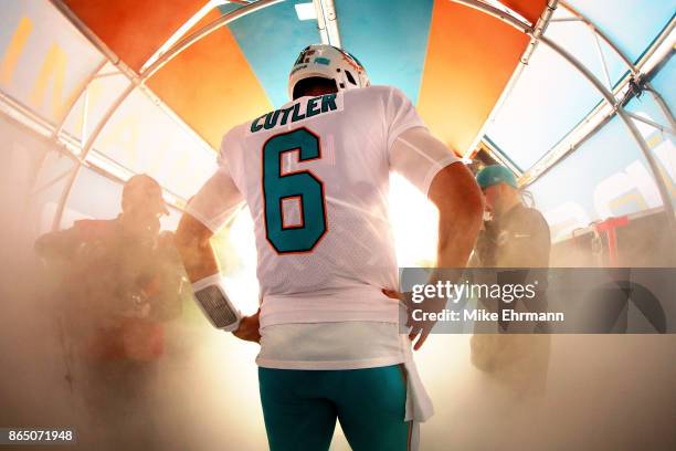 Jay Cutler of the Miami Dolphins takes the field during the game against the New York Jets at Hard Rock Stadium on October 22, 2017 in Miami Gardens,...