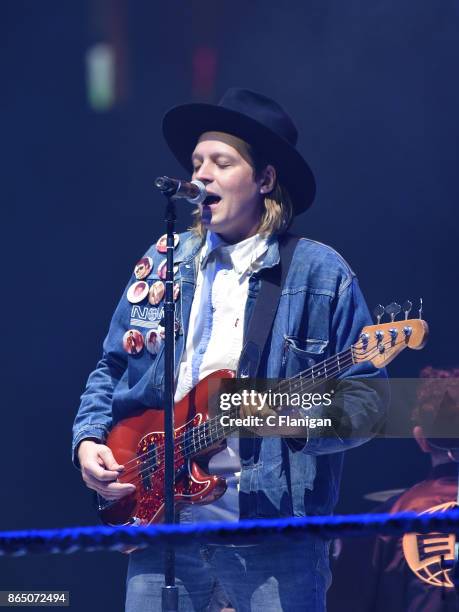 Win Butler of Arcade Fire performs during the ÔInfinite ContentÕ tour at ORACLE Arena on October 21, 2017 in Oakland, California.